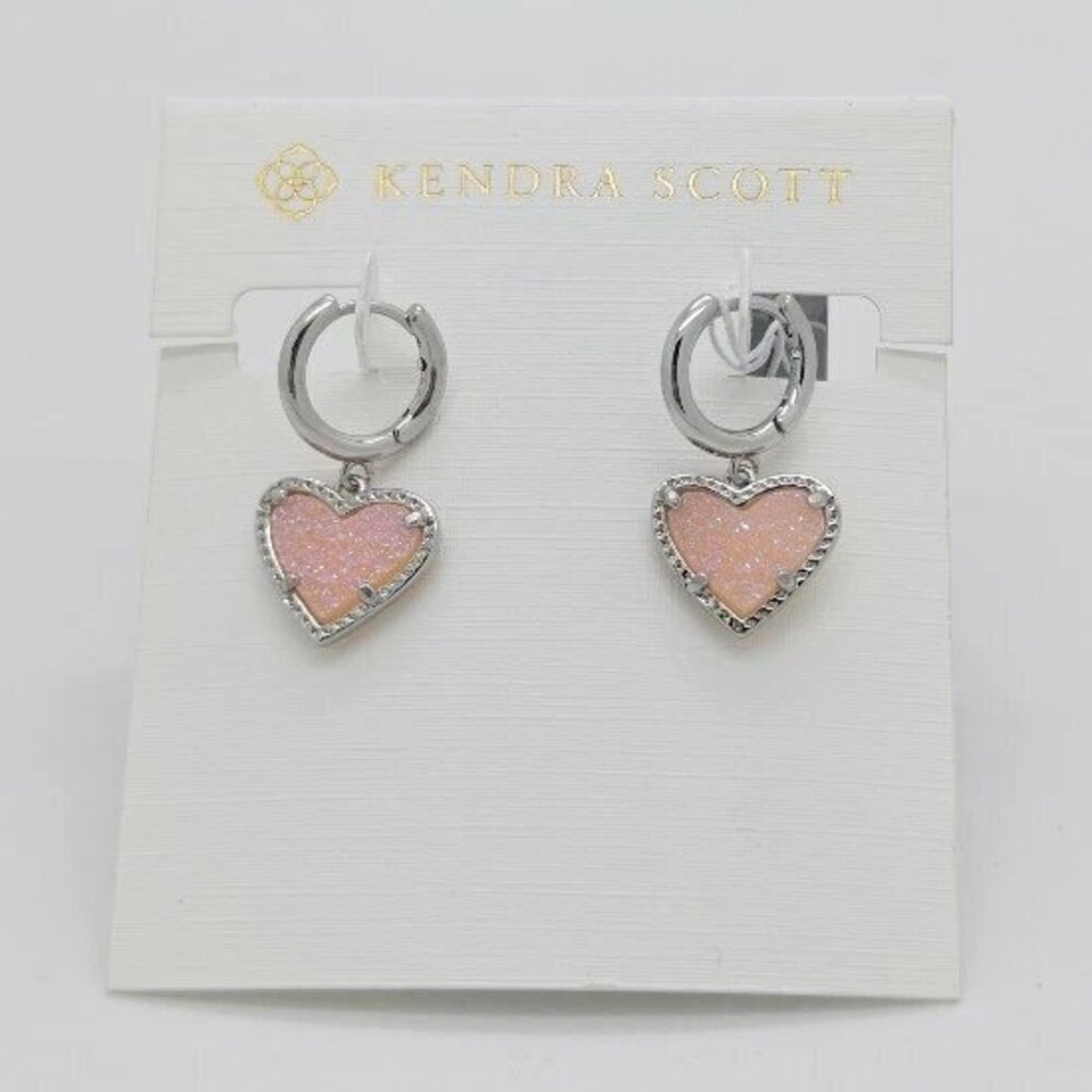 Kendra Scott Ari Heart Silver Huggie Earrings in Pink Drusy